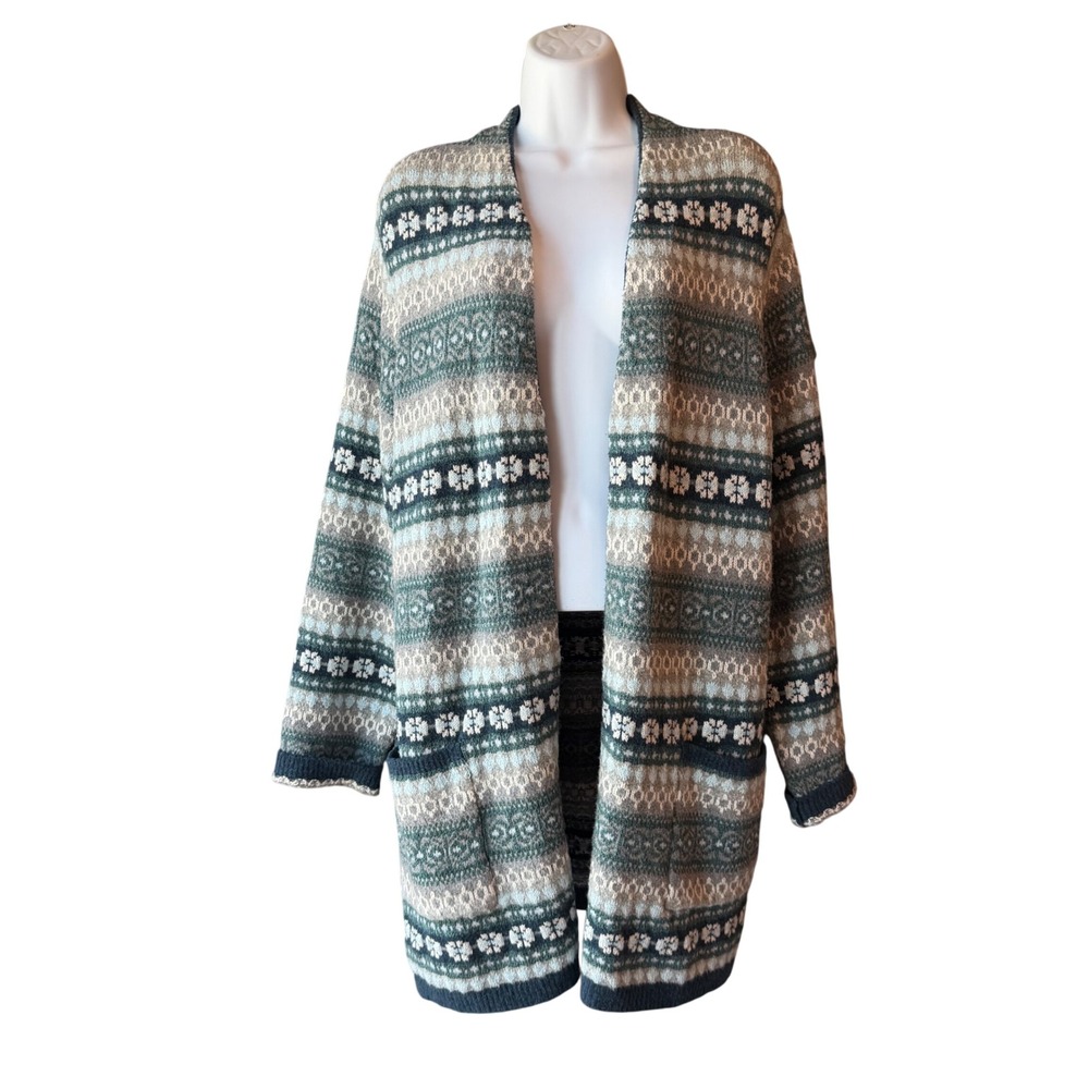 J. Jill Fair Isle Open Front Cardigan‎ Sweater Gray Green Petite Size Large